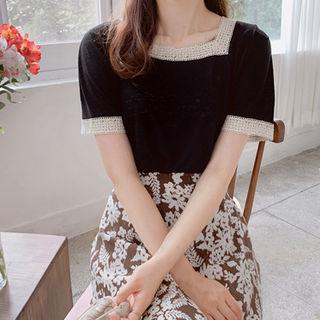 Square-neck Lace-detail Linen Blend Top