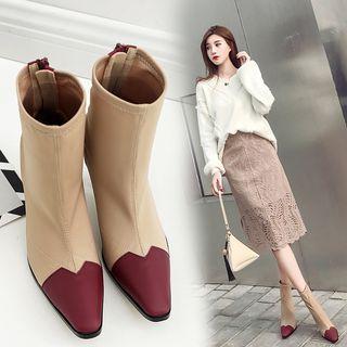 Pointy Toe Two Tone Stretch Ankle Boots