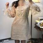 Set: Lace Panel Long-sleeve A-line Dress + Camisole