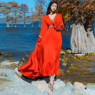 Long-sleeve Embroidered Ruffle Trim Midi A-line Dress
