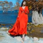 Long-sleeve Embroidered Ruffle Trim Midi A-line Dress