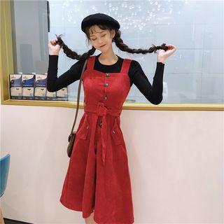 Heart Appliqued Long-sleeve Knit Top / Midi Pinafore Dress