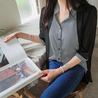 Chiffon Cardigan Overlay Stripe Shirt