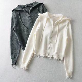 Hooded Zip Distressed Cardigan