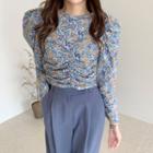 Floral Long-sleeve Shirred Cropped Blouse