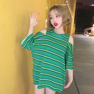 Open Shoulder Stripe Elbow-sleeve T-shirt