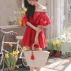 Off-shoulder Short Sleeve Shirred Chiffon Sheath Dress