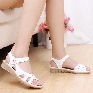 Genuine-leather Cutout Velcro Flat Sandals