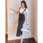 Set: Plain Short-sleeve T-shirt + Dotted High Waist Midi Suspender Skirt