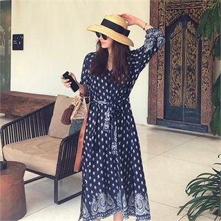V-neck Patterned Maxi Dress With Sash