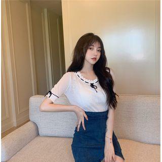 Contrast Trim Short-sleeve Knit Cropped Top White - One Size
