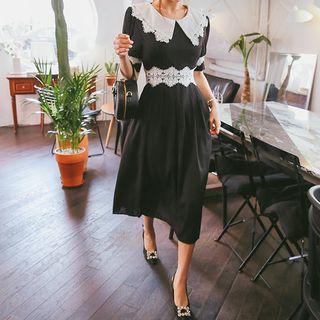 Contrast-collar Laced Gathered Long Dress