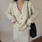 V-neck Cable Knit Long-sleeve Cardigan / High-waist Cable Knit Knit Maxi Skirt