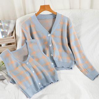 Set: Plaid Knit Tank Top + Cardigan