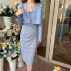 Cropped Pointelle Knit Cardigan / Spaghetti Strap Floral Print Midi Shift Dress