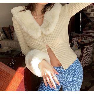 Long-sleeve Fluffy Trim Knit Cardigan