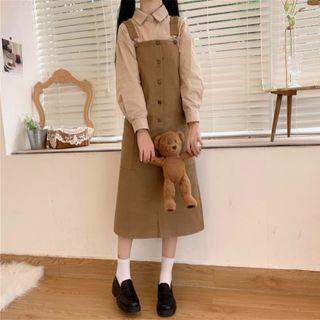 Long-sleeve Shirt / Button Midi A-line Overall Dress
