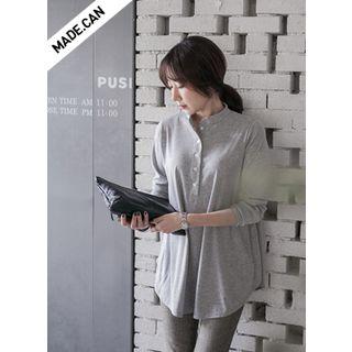 Buttoned-neck Long-sleeve T-shirt