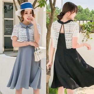 Set: Cropped Lace Short-sleeve Top + Plain Spaghetti Strap Dress