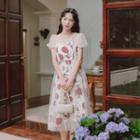 Short-sleeve Flower Print Mesh Panel Midi A-line Dress