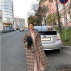 Plaid Double-breasted Long Coat Beige - One Size