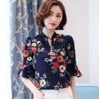 Floral Print Bell Elbow-sleeve Mandarin Collar Blouse