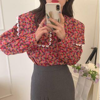 Long-sleeve Sailor Collar Lace Trim Blouse Red - One Size