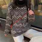Pattern Turtle-neck Loose-fit Sweater As Figure - One Size