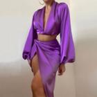 Set: Long-sleeve Twist-front Crop Top + Slit Midi A-line Skirt