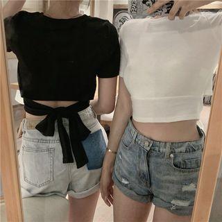 Short-sleeve Plain Drawstring Back T-shirt