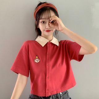 Contrast Collar Cartoon Embroidered Button-up Cropped T-shirt