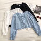 Plain Square-neck Single-breasted Lace-trim Long-sleeve Top