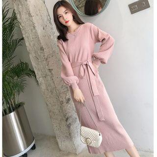 Long-sleeve Tie Waist Midi Knit Dress
