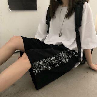 Paisley Print Trim Wide Leg Corduroy Shorts