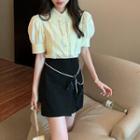 Puff-sleeve Shirt / Mini Overall Dress / Faux Pearl A-line Skirt