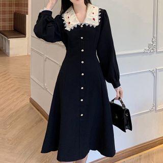 Puff-sleeve Lace Trim Collar A-line Dress