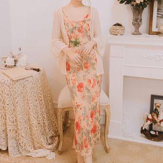 Spaghetti Strap Floral Print Midi Sheath Dress / Lace Jacket / Set