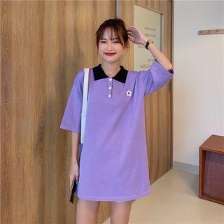 Elbow-sleeve Flower Embroidered Polo Shirt