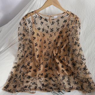 Set: Floral Print Mesh Blouse + Camisole Top