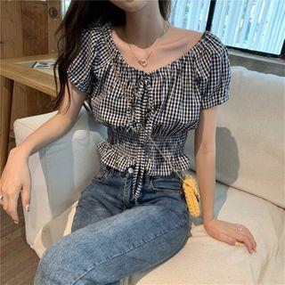 Gingham Short-sleeve Crop Blouse As Shown In Figure - One Size