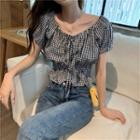 Gingham Short-sleeve Crop Blouse As Shown In Figure - One Size