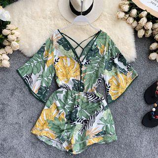 Bell-sleeve Leaf Print Playsuit Green - One Size