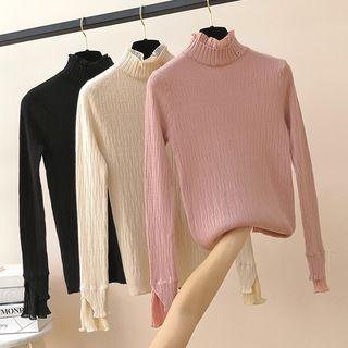 Mesh Cuff Mock-turtleneck Ribbed Knit Top