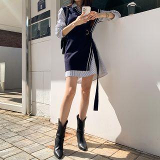 Set: Asymmetric Sweater Vest + Stripe Shirtdress Navy Blue - One Size