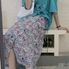 Floral Midi A-line Skirt Grayish Blue - One Size