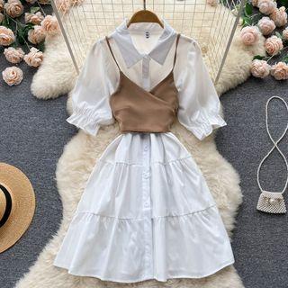 Set: Short-sleeve A-line Shirt Dress + Cropped Camisole Top