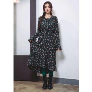 Ruffled Tie-neck Floral Long Dress