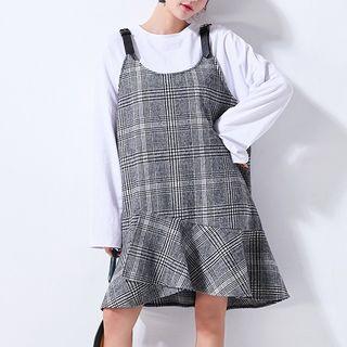 Ruffle Hem Plaid Pinafore Dress Black - One Size