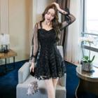 Long-sleeve Mesh Panel Sequined Mini A-line Dress