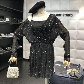 Set: Long-sleeve Star Print Dress + Slipdress Black - One Size